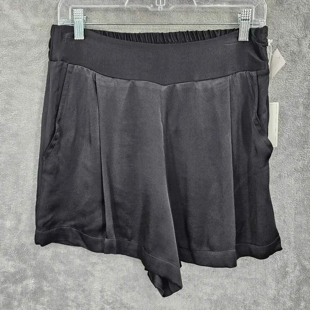 1 State On Point Satin Shorts S Black Flat Front Elastic Waist Zip High Rise New